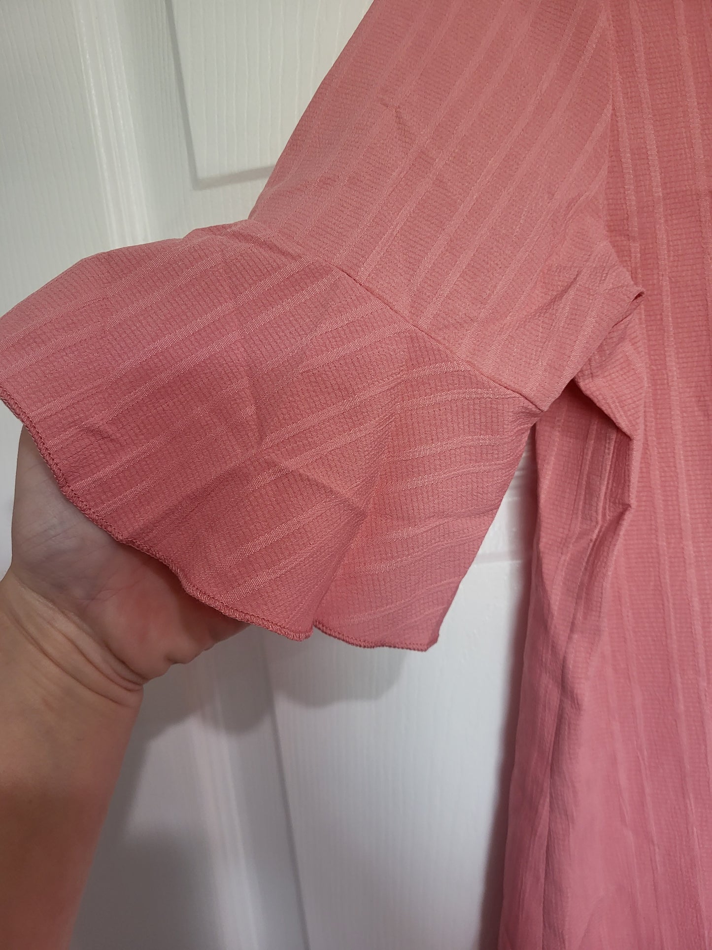 Ladies Dressy Light Corral Colored blouse with 1/4 length Bell Style Sleeves