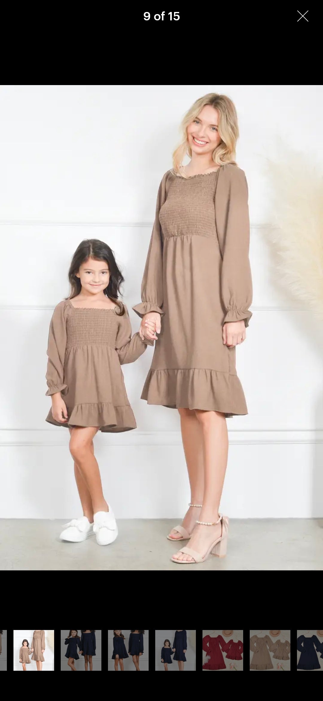 Taupe Smocking Dress Long Sleeve Ruffle Hem Smocking Crepe Midi