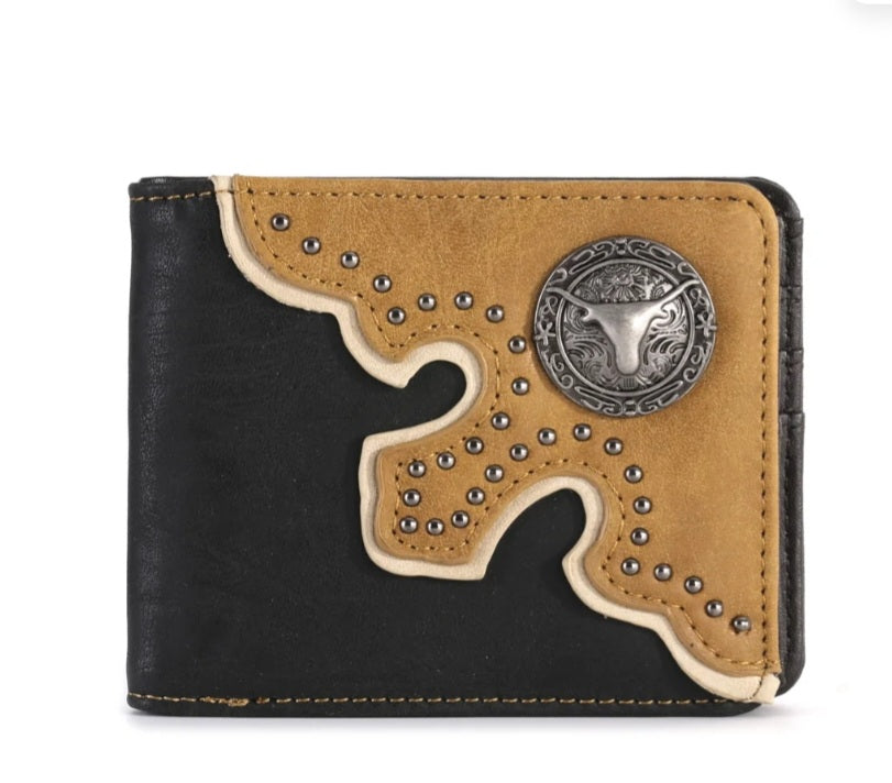 Color Block Longhorn Concho Men's Bifold PU Leather Wallet