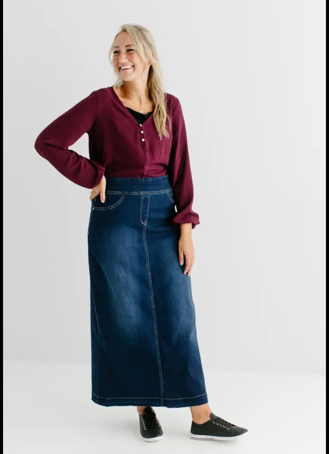 "Sara" Classic Long Denim Skirt Dark Wash