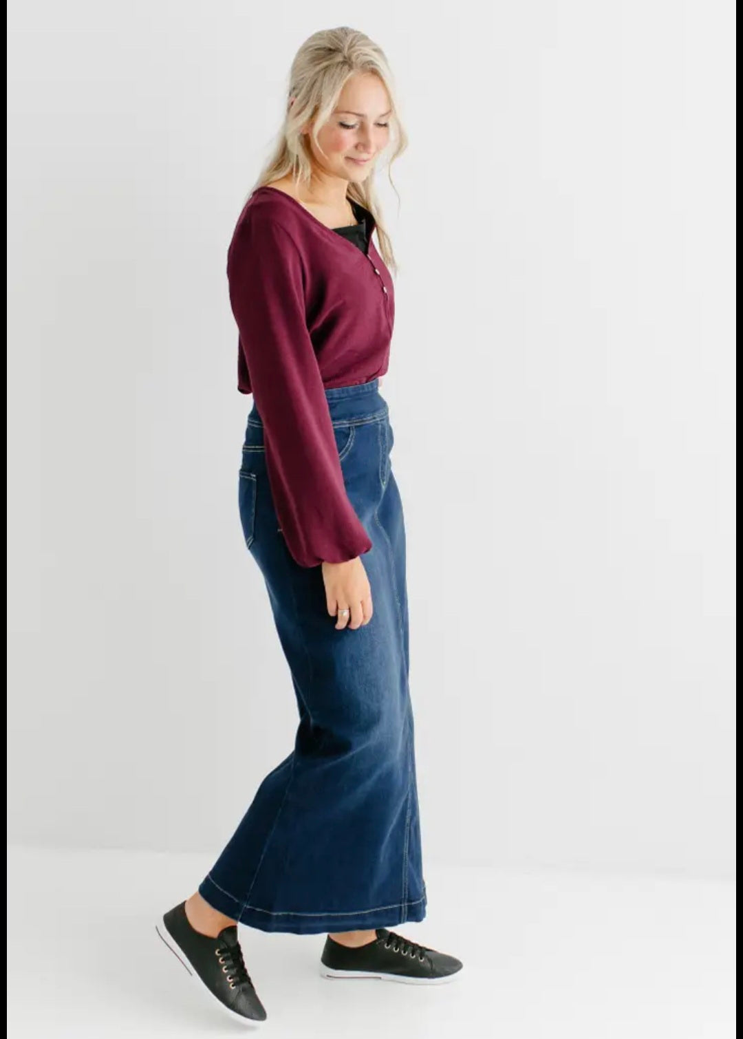 "Sara" Classic Long Denim Skirt Dark Wash