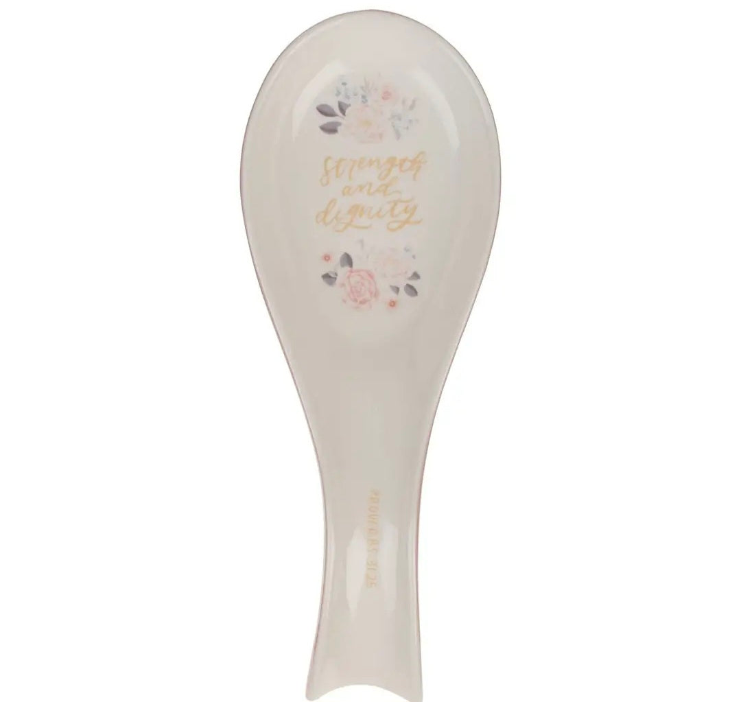 Strength and Dignity Pink Floral Ceramic Spoon Rest - Proverbs