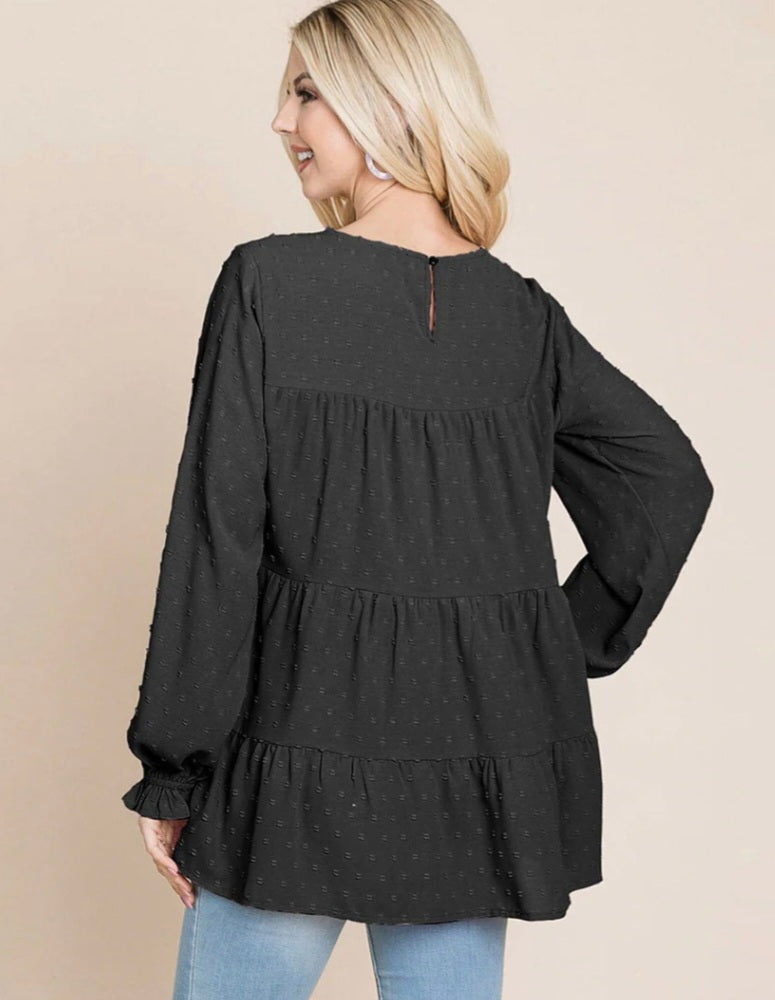 WOMEN'S LONG SLEEVE TIERED TUNIC SWISS DOTS BLOUSE