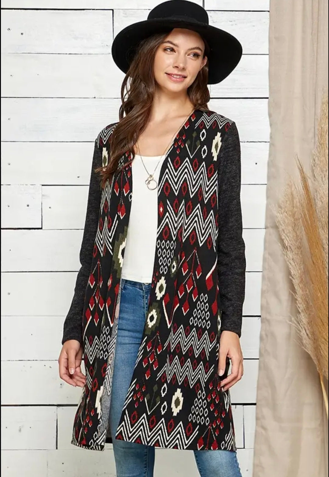 Plus Size Contrast Aztec Soft Pocket Cardigan