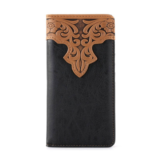 MW-607  Embossed Vintage Floral  Men's Bifold Long PU Leather Wallet: Black