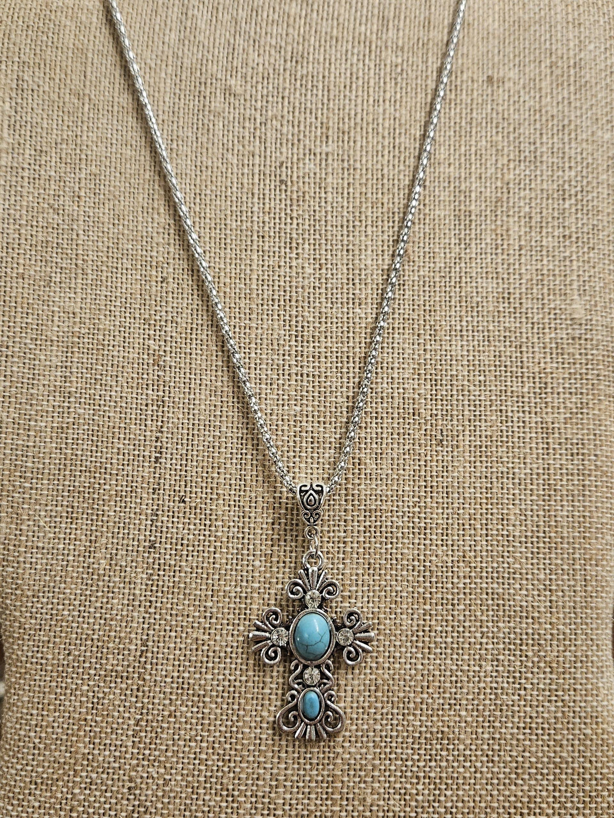 Western Cross Necklace – Silver Tone Turquoise Color Cabochon, Rhinestone Cross Pendant, 17" Chain with 2" Extender