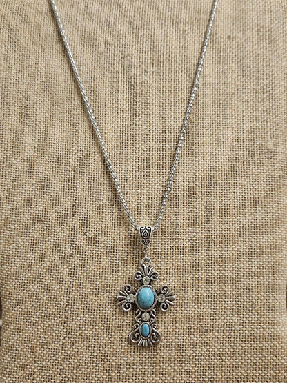 Western Cross Necklace – Silver Tone Turquoise Color Cabochon, Rhinestone Cross Pendant, 17" Chain with 2" Extender