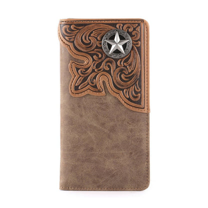 MW-610  Embossed Lone Star Concho Men's Bifold Long PU Leather Wallet: Brown