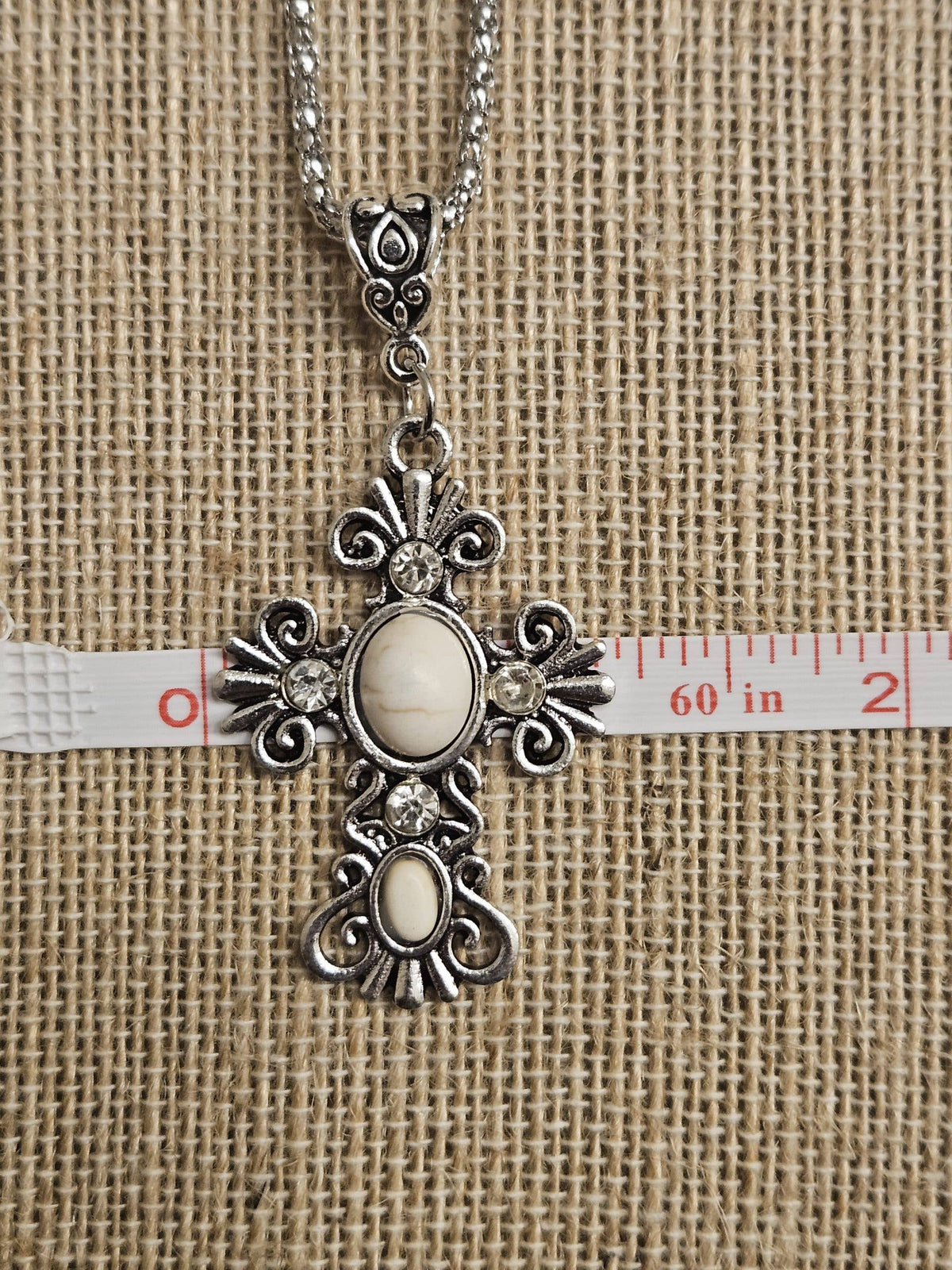 Western Cross Necklace – Silver Tone Turquoise Color Cabochon, Rhinestone Cross Pendant, 17" Chain with 2" Extender