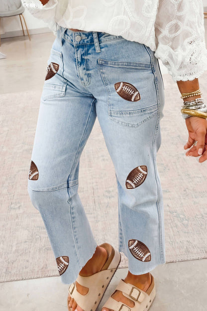 66 Sequin Game Day Patched Rugby Pattern Shift Jeans (4-16)