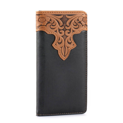 MW-607  Embossed Vintage Floral  Men's Bifold Long PU Leather Wallet: Black