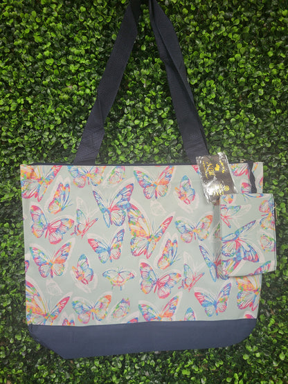 NGIL Medium Top Zipper Closure Canvas Butterfly Print Tote Bag with Attached Matching Coin Purse For Moms, Nurses, and on the go!