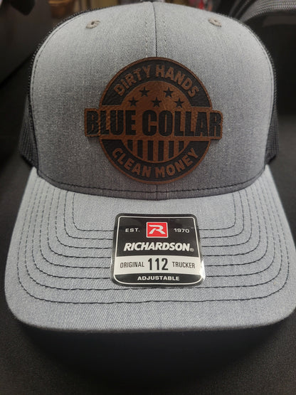 RTS Trucker Hat Heather Grey/Black Mesh w "Dirty Hands Clean Money Bluecollar" Snapback