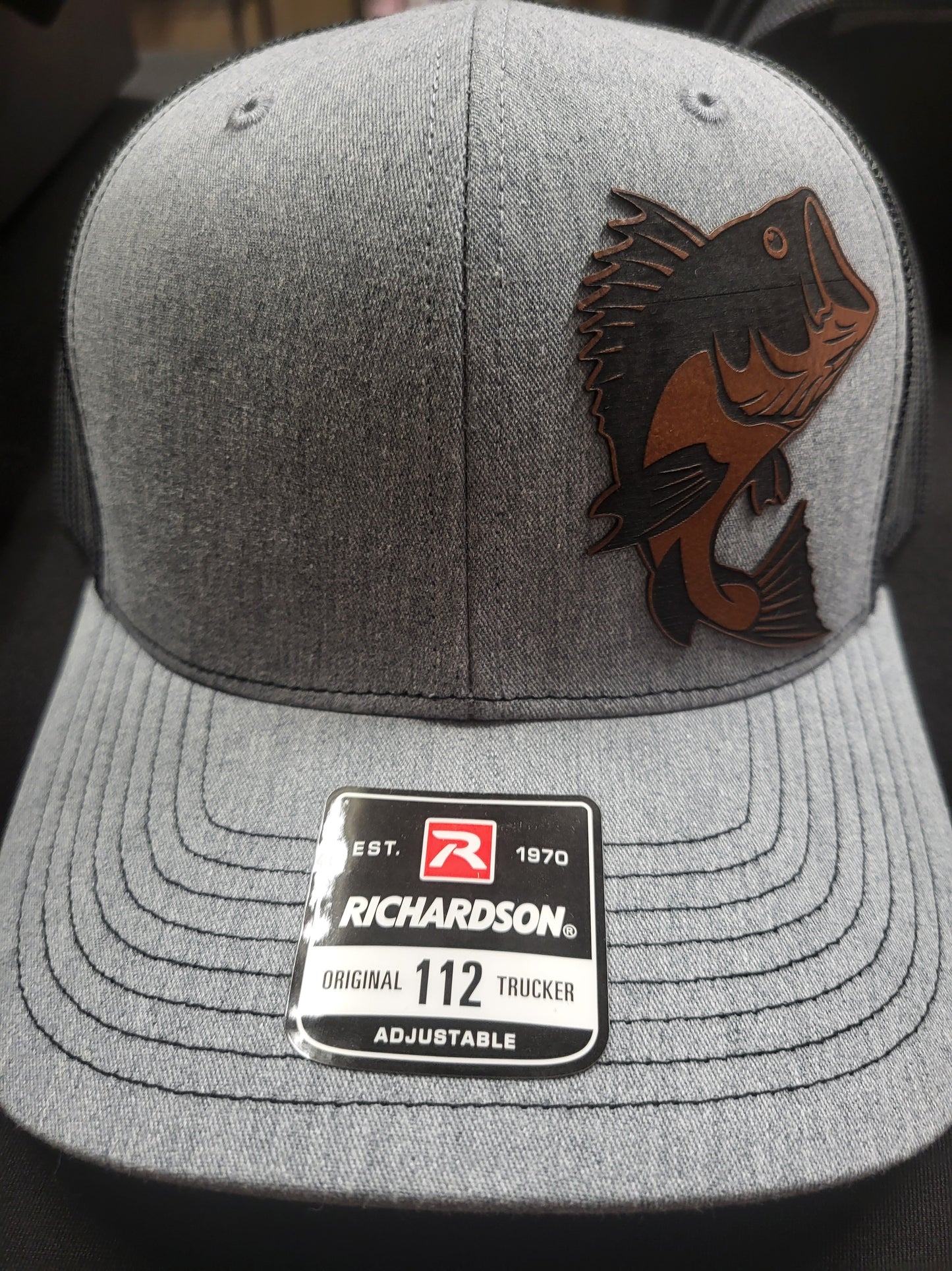 RTS Trucker Hat Heather Grey/Black Mesh w a Bass out of water Snapback