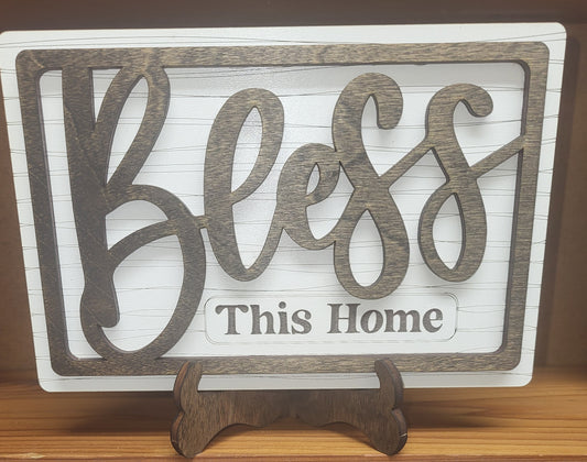 Bless this home wood decor w/ stand 7.5"x5"