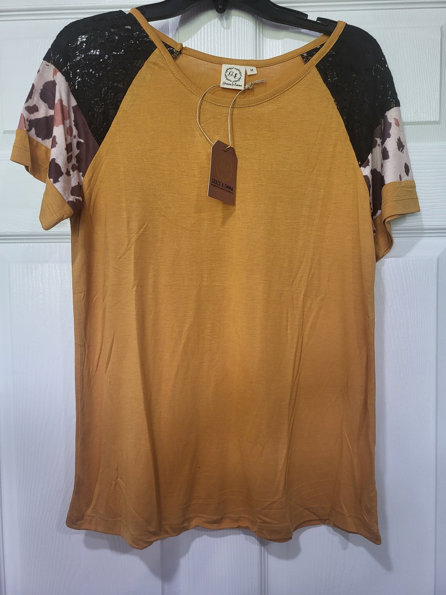 Ladies Grace & Emma Mustard Top black brown and black lace short sleeves