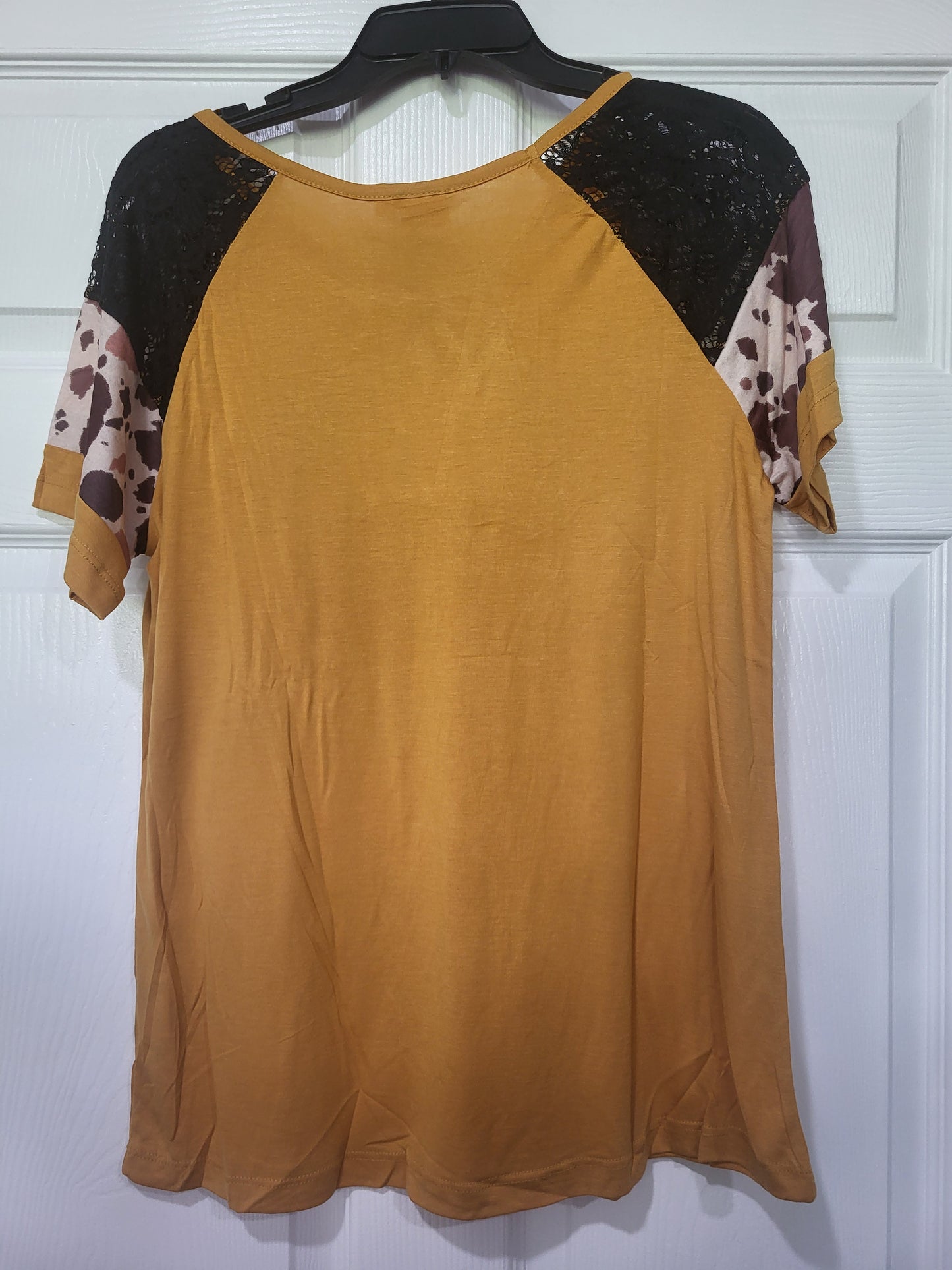 Ladies Grace & Emma Mustard Top black brown and black lace short sleeves