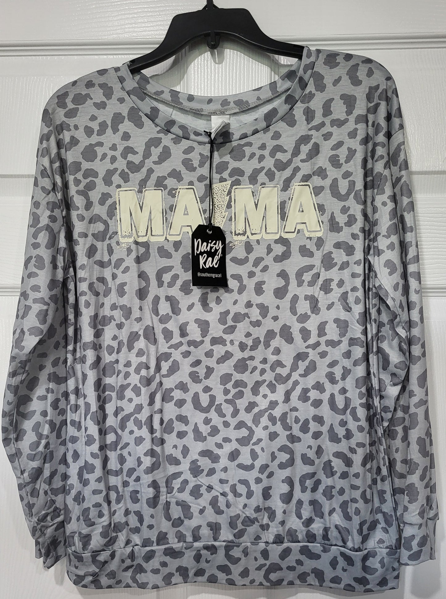 Daisy Rae "MAMA" long sleeve Grey leopard print top