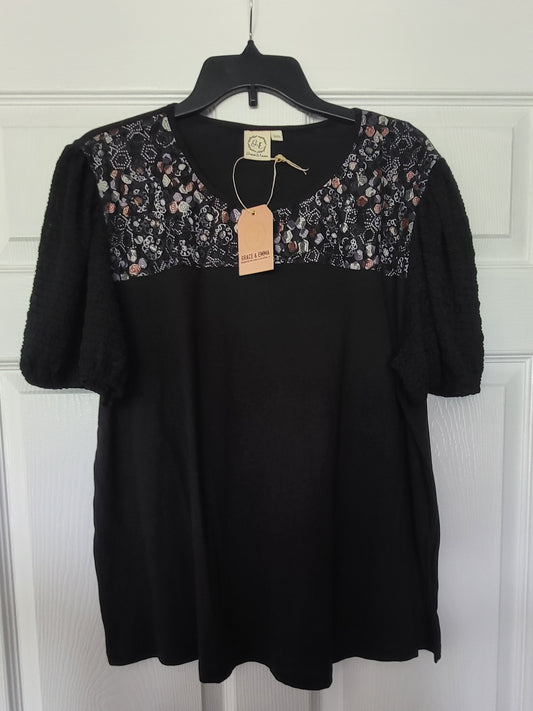 Grace & Emma Ladies Plus Size Black w/ colorful floral neckline shirt