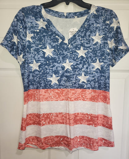 Ladies Red Whots and Blue Stars & Stripes Patriotic Top