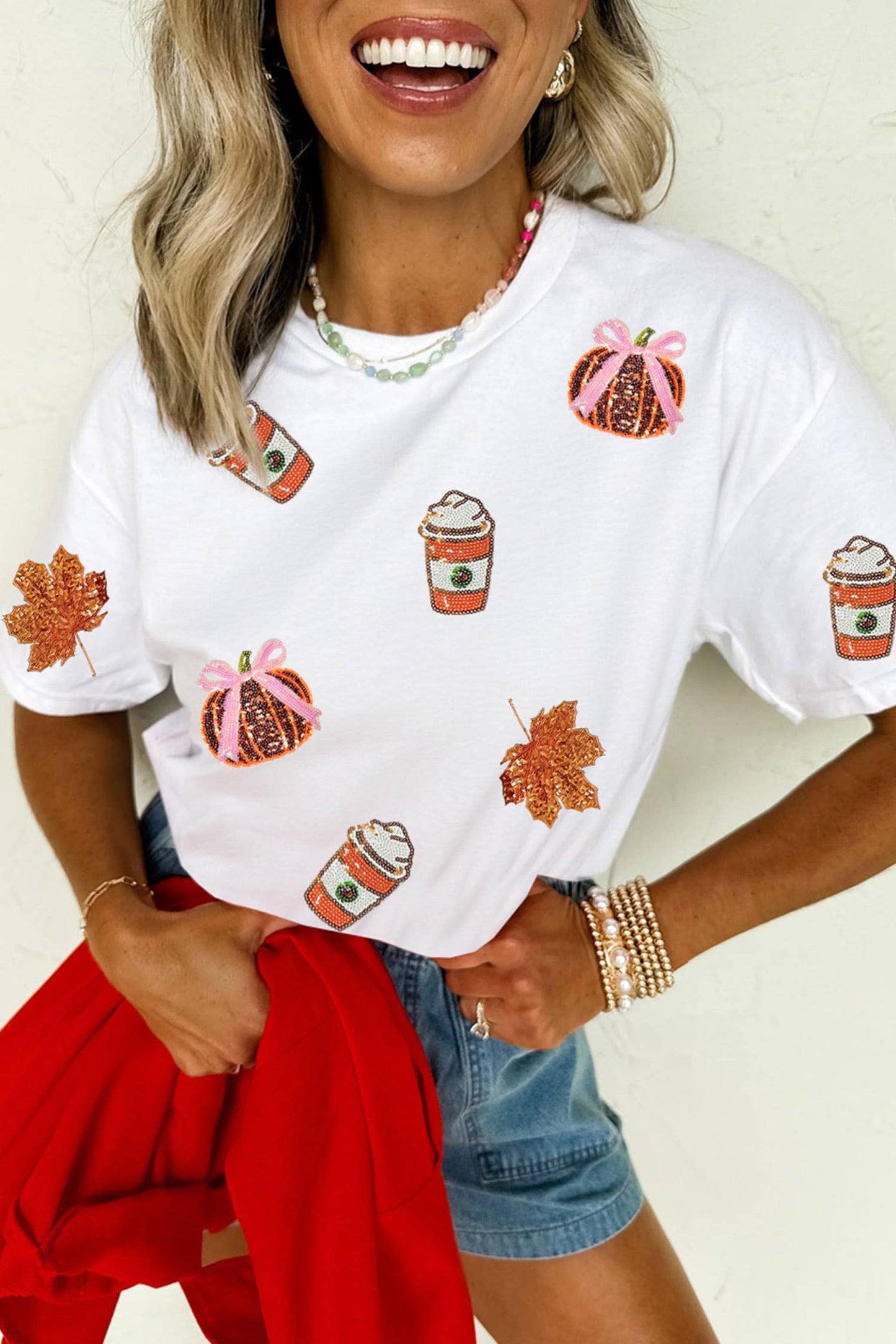 66Sequined Pumpkin Fall Graphic Casual Shift T Shirt (S-3XL)