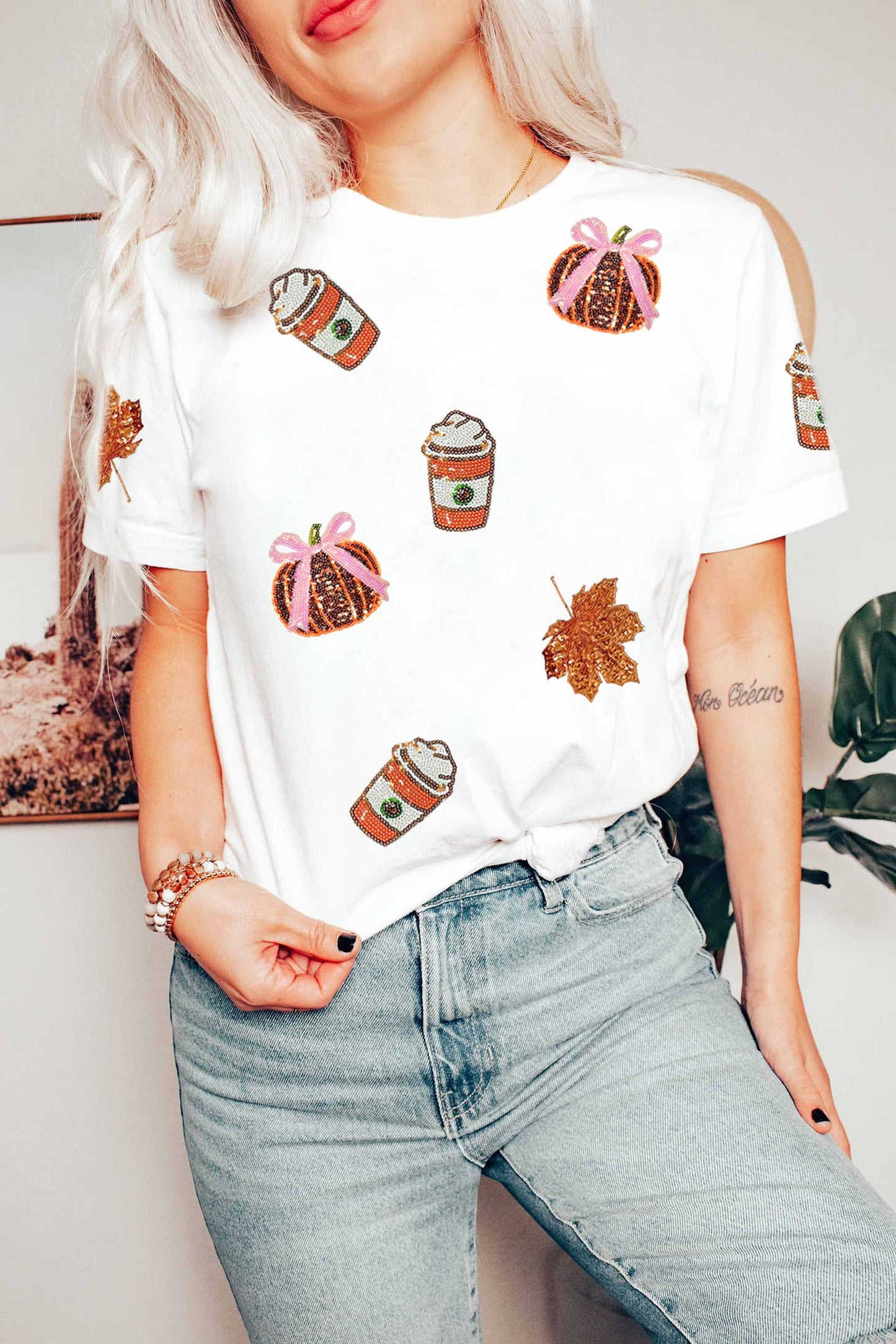 66Sequined Pumpkin Fall Graphic Casual Shift T Shirt (S-3XL)