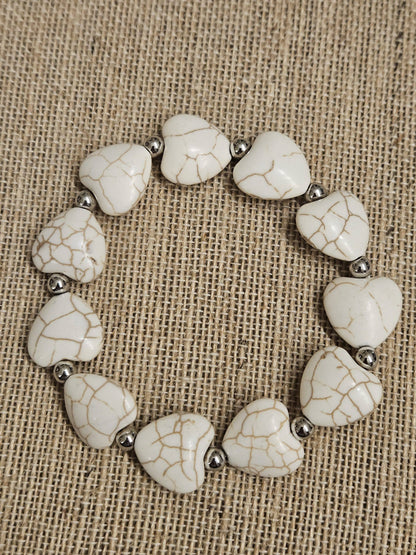 White Howlite Heart Stretch Bracelet – Western Beaded Heart Bracelet with Silver-Tone Accents