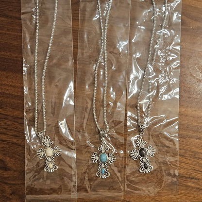 Western Cross Necklace – Silver Tone Turquoise Color Cabochon, Rhinestone Cross Pendant, 17" Chain with 2" Extender