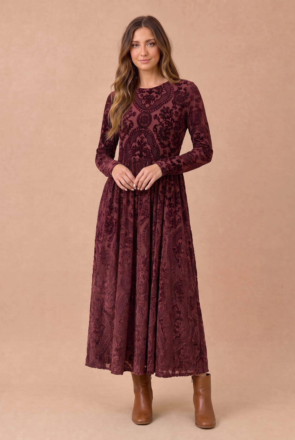 Burnout Velvet Floral Fit Flare Midi Dress
