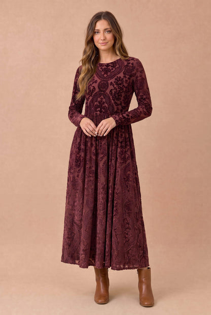 Burnout Velvet Floral Fit Flare Midi Dress