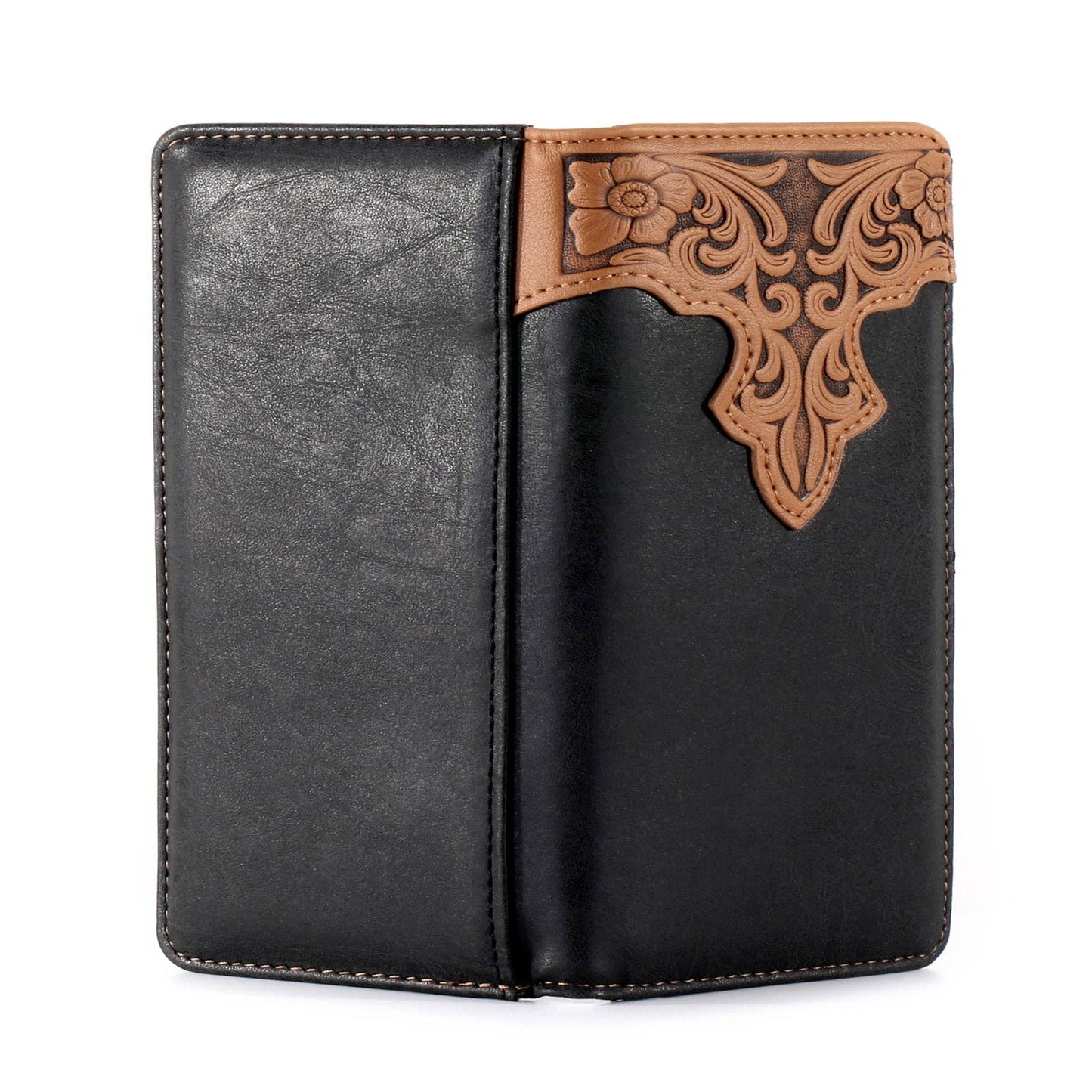 MW-607  Embossed Vintage Floral  Men's Bifold Long PU Leather Wallet: Black