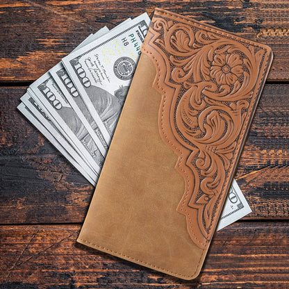 MW-613  Embossed Floral  Men's Bifold Long PU Leather Wallet: Brown