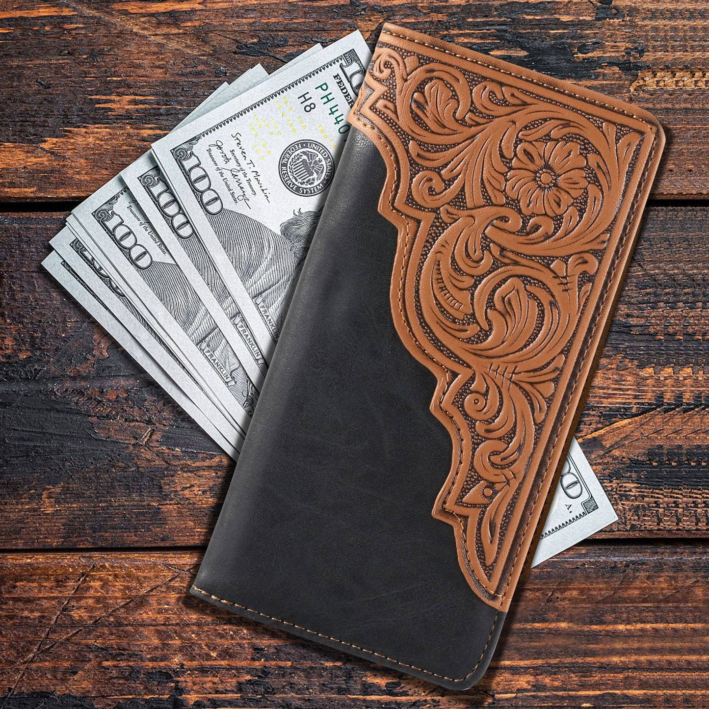 MW-612  Embossed Floral  Men's Bifold Long PU Leather Wallet: Black