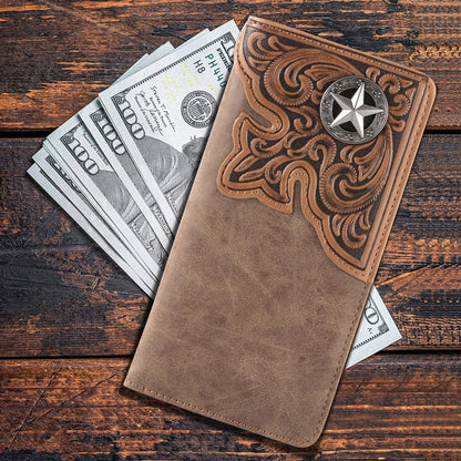 MW-610  Embossed Lone Star Concho Men's Bifold Long PU Leather Wallet: Brown