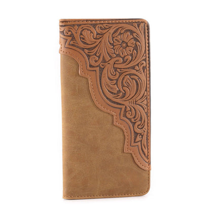 MW-613  Embossed Floral  Men's Bifold Long PU Leather Wallet: Brown