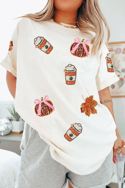 66Sequined Pumpkin Fall Graphic Casual Shift T Shirt (S-3XL)