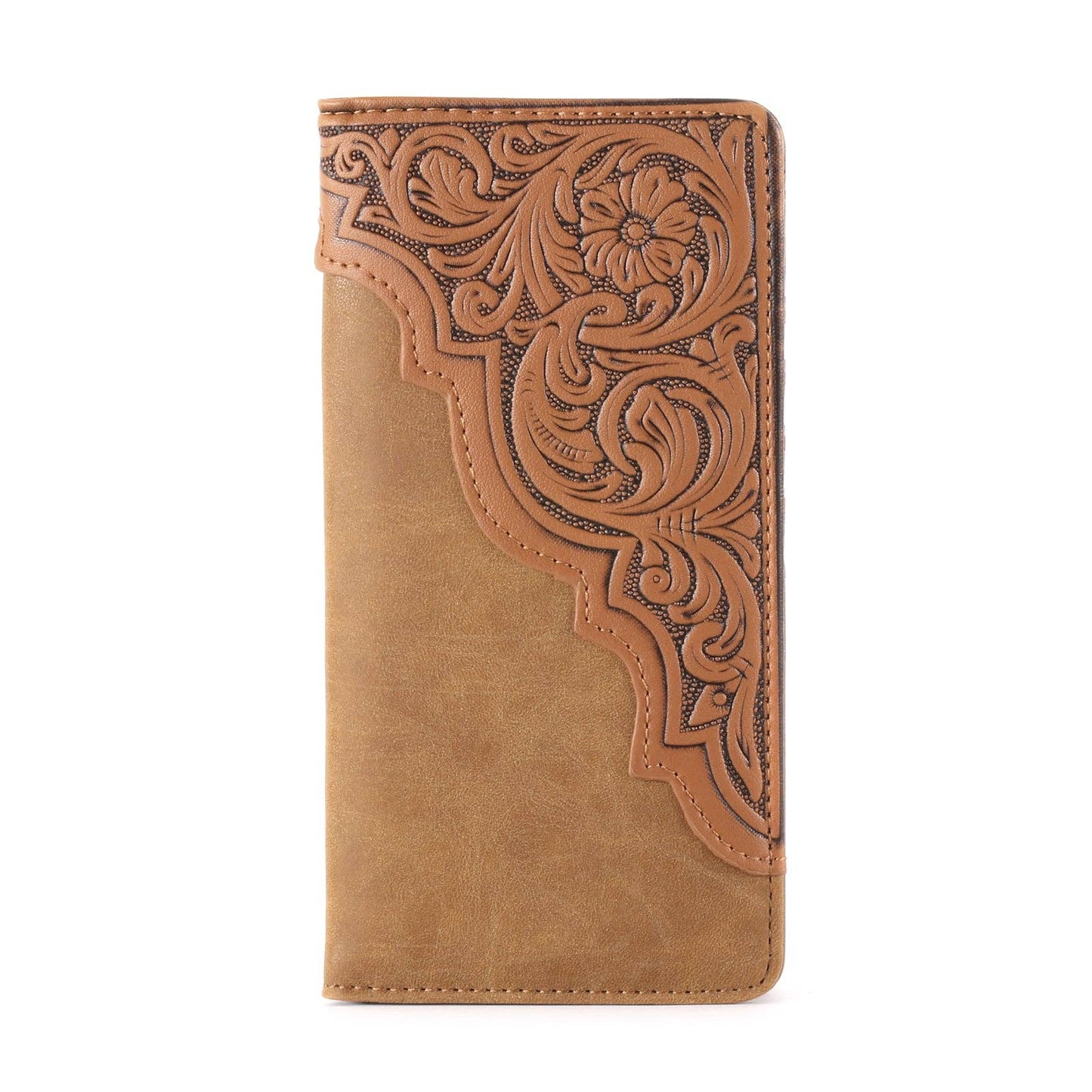 MW-613  Embossed Floral  Men's Bifold Long PU Leather Wallet: Brown