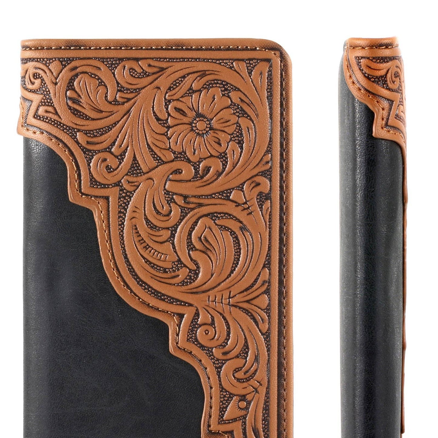 MW-612  Embossed Floral  Men's Bifold Long PU Leather Wallet: Black