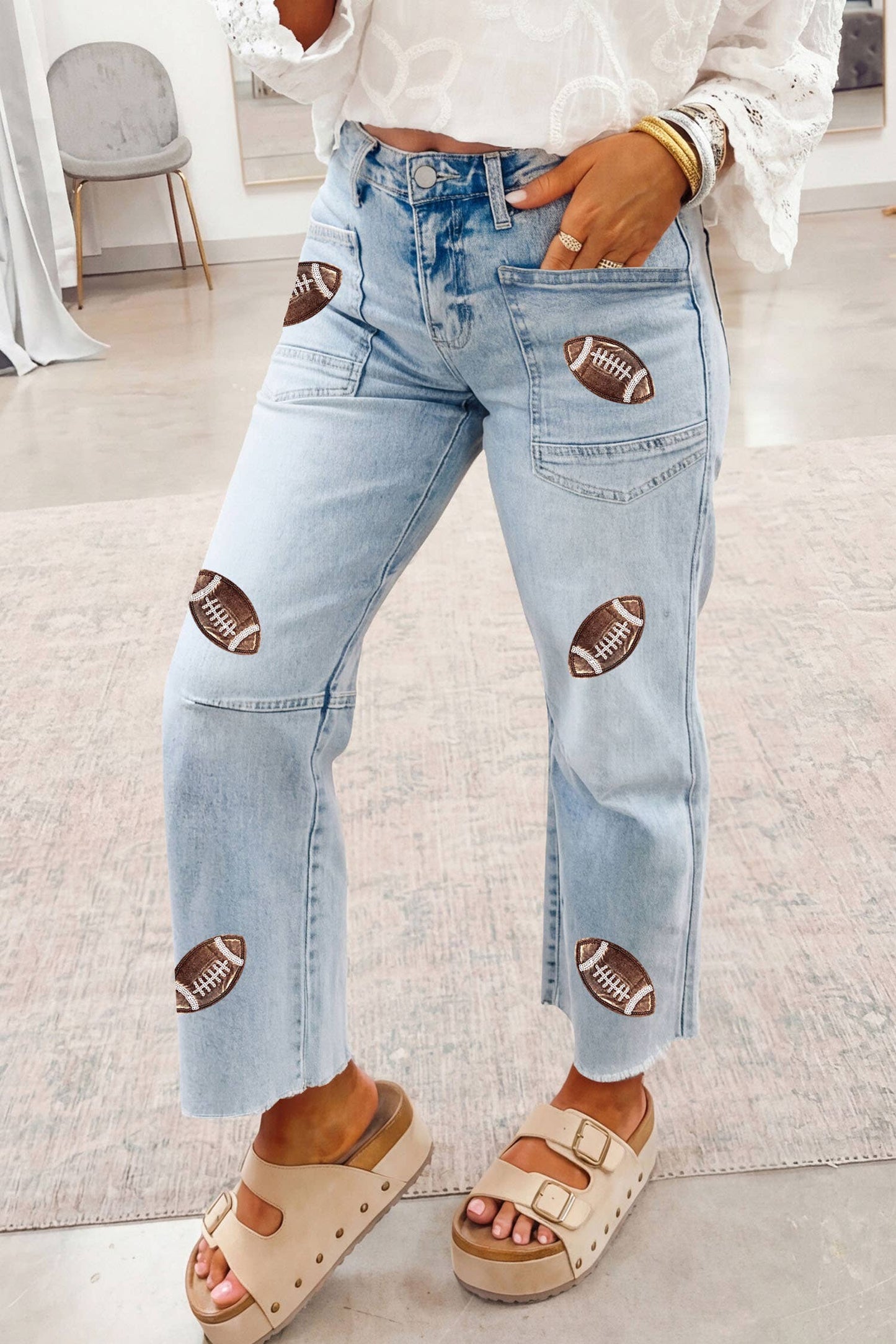66 Sequin Game Day Patched Rugby Pattern Shift Jeans (4-16)