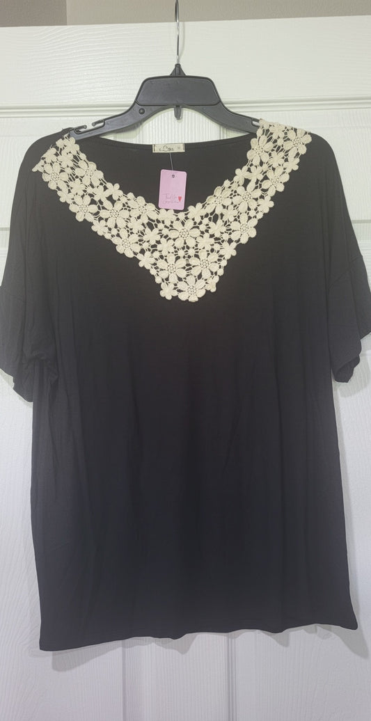 Ladies Black and cream floral embroidery short sleeved Dressy top