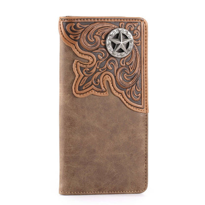 MW-610  Embossed Lone Star Concho Men's Bifold Long PU Leather Wallet: Brown