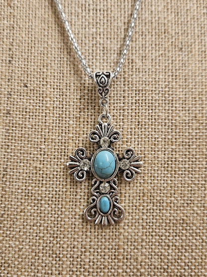 Western Cross Necklace – Silver Tone Turquoise Color Cabochon, Rhinestone Cross Pendant, 17" Chain with 2" Extender