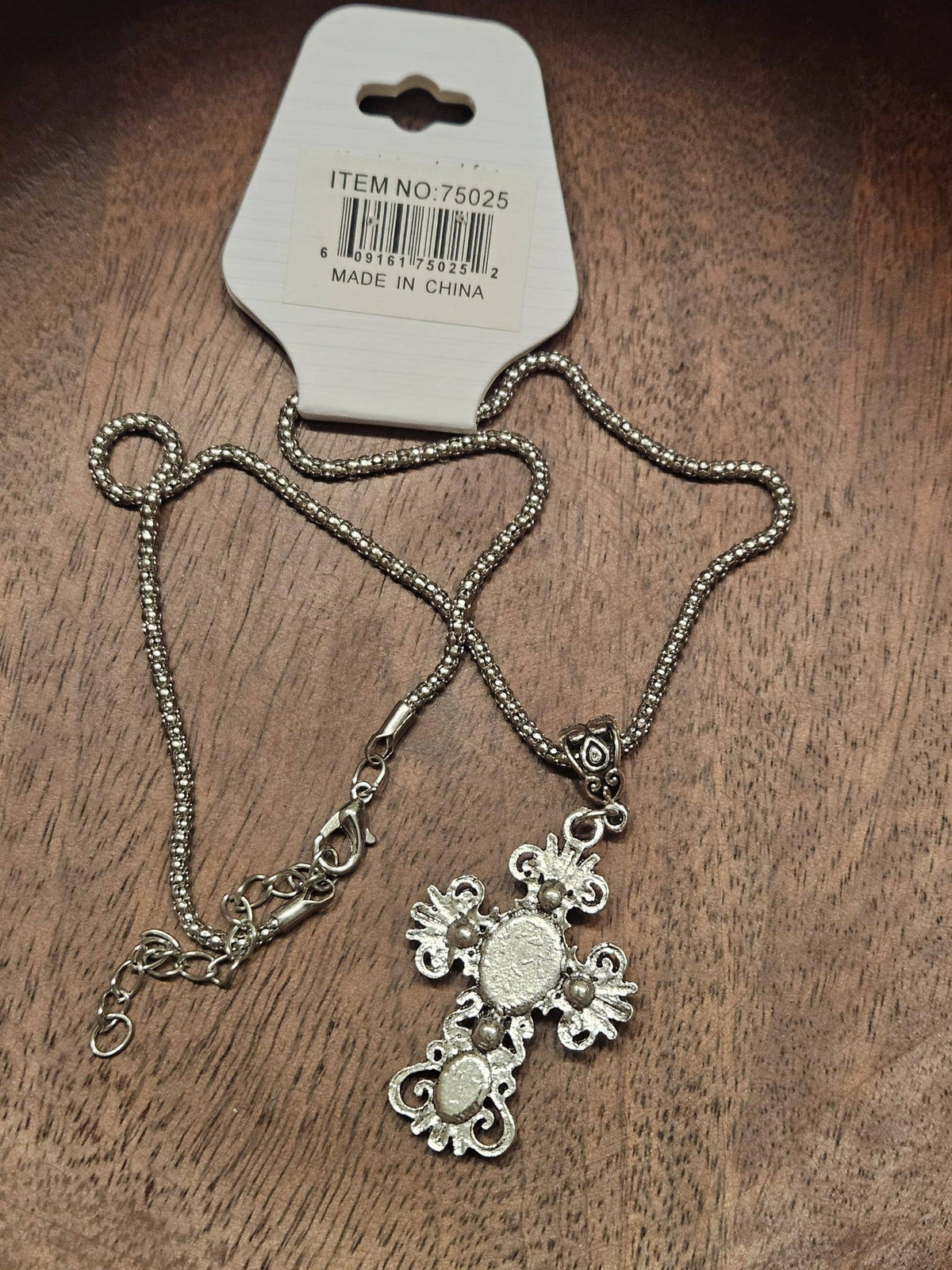 Western Cross Necklace – Silver Tone Turquoise Color Cabochon, Rhinestone Cross Pendant, 17" Chain with 2" Extender