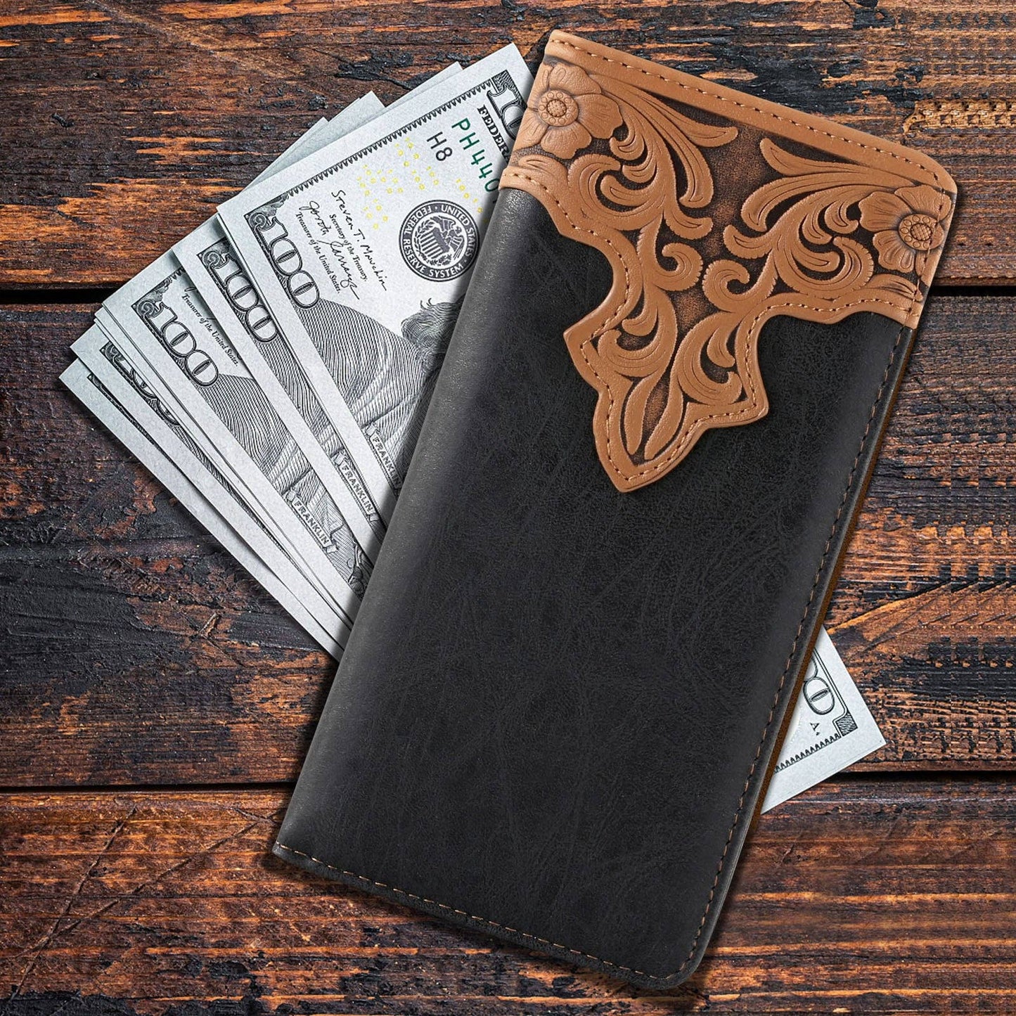 MW-607  Embossed Vintage Floral  Men's Bifold Long PU Leather Wallet: Black