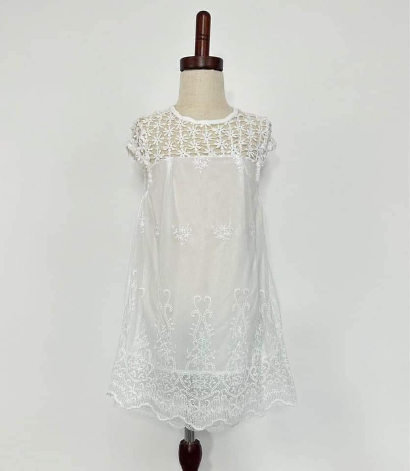 Girls White dress with Lacy Embroidered Collar Area