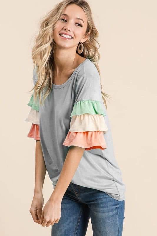 Ladies Top with Colorblock Bell Tiered Sleeves