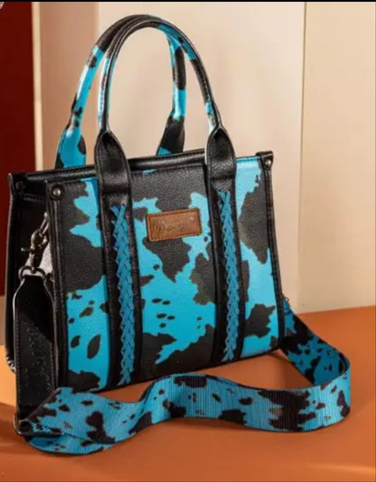 Ladies Wrangler Cow Print Teal Cross Body Purse