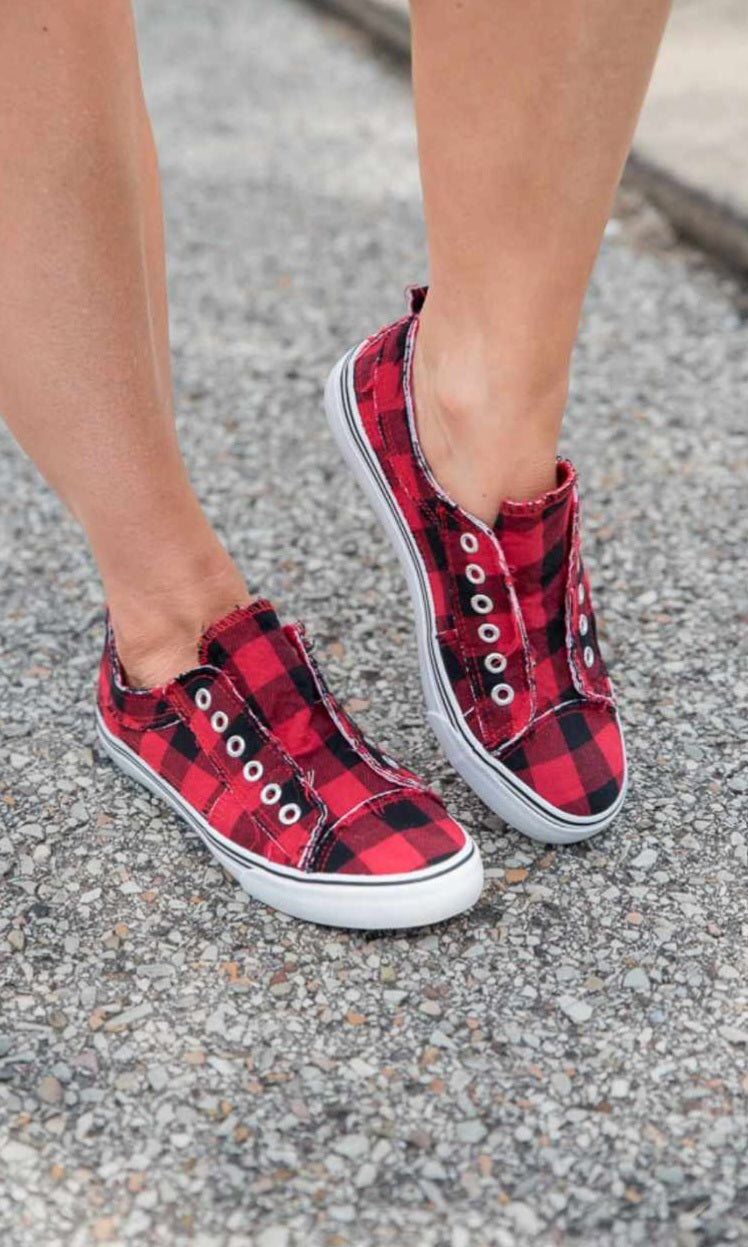 Outwoods Ladies One Thing  Red Plaid Sneakers