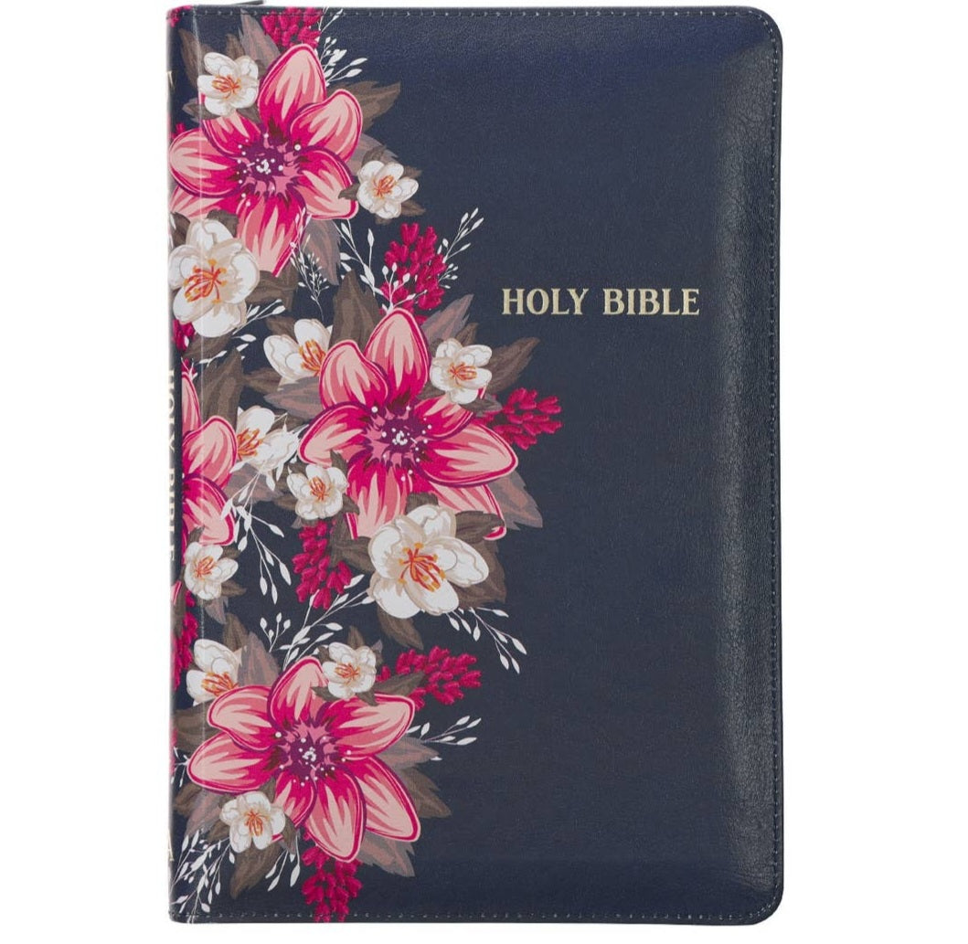 KJV Holy Bible Standard Size Faux Leather Red Letter Edition Thumb Index & Ribbon Marker, King James Version, Blue Floral, Zipper Closure