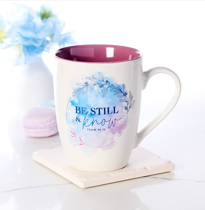 " Be Still" Mauve Watercolor Ceramic Coffee Mug Psalms 46:10